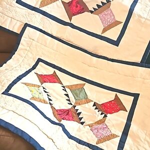 Set of 2 quilted pillowcases mavy blue, red, cream vintage farmhouse americana